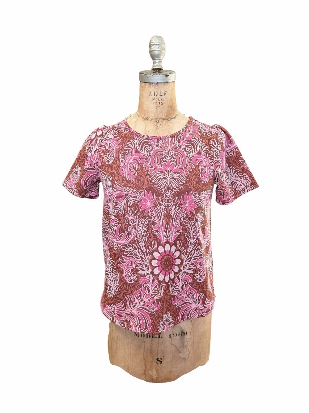 Anthropologie Demeter Paisley Pink/Brown Floral Short-Sleeve Tee Knit Jersey XS